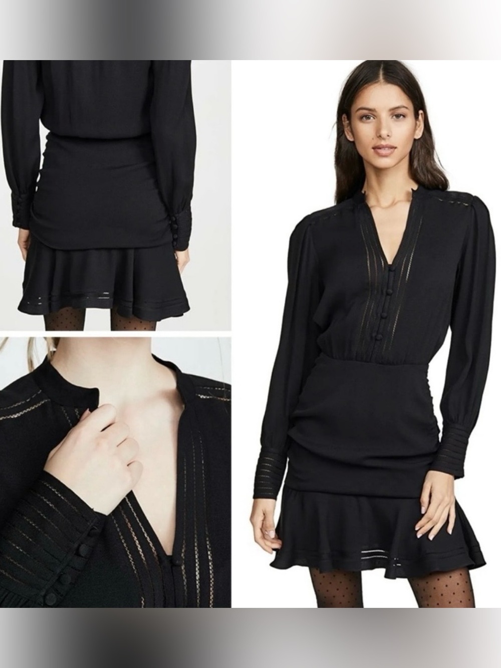 NWT Veronica Beard Black Mini Dress ~ Long Sleeve Lace Trim ~ Minimalist LBD~ 12
